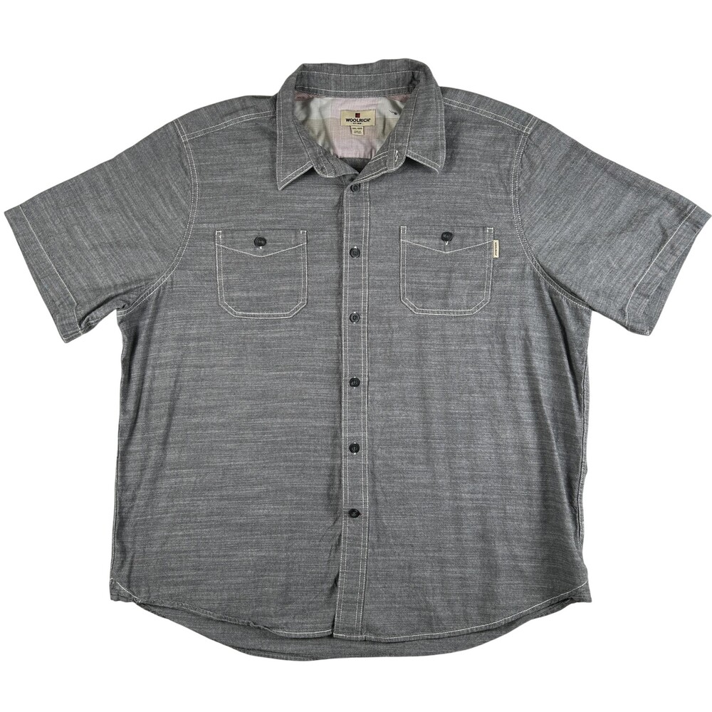 Woolrich Shirt Mens 2XL Gray Solid Short Sleeve Button Front Double Pocket Woven